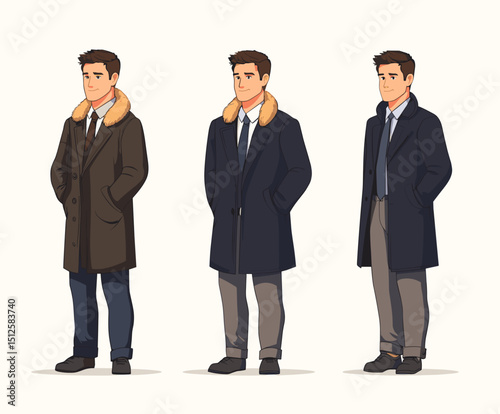 Stylish Men in Classic Overcoats and Suits Illustration Set