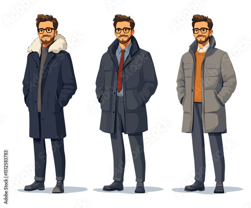 Stylish Men in Classic Overcoats and Suits Illustration Set