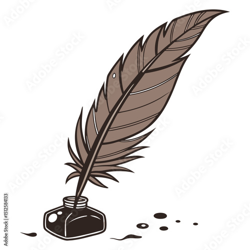 Vintage feather quill pen and ink bottle illustration