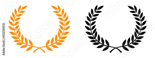 Two Wreaths And Branches With Leaves. Black And Gold Hand Drawing Laurel Wreaths And Branches. Award Laurel Symbol, Isolated On White Background. Vector Illustration