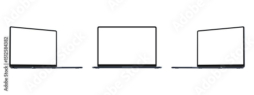 Dark Blue Laptops Mockups With Blank Screens, Front And Side Perspective View, Isolated On White Background. Vector Illustration