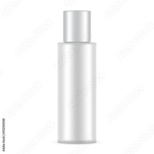 Plastic Cosmetic Bottle Mockup With metallic Cap, Front View, Isolated On White Background. Vector Illustration