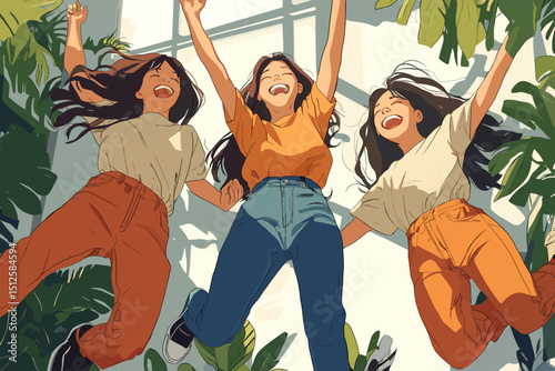 Joyful Trio: Three friends in a burst of infectious happiness leap for joy, celebrating life amidst a bright, modern backdrop. 