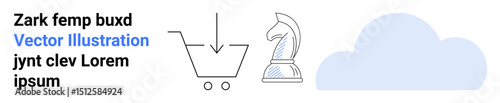 Shopping cart with download arrow, strategic chess knight, and cloud element. Ideal for strategy, planning, innovation, online shopping, technology, data transfer simple landing page