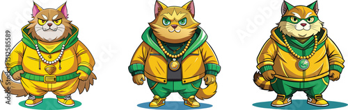 set of hip hop fat cat in winter dress cartoon character  vector illustration