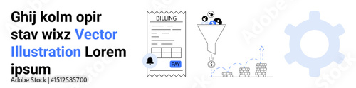Billing receipt, payment funnel filtering digital content, coins, bar chart, and gear icon for automation. Ideal for finance, billing, payment solutions, automation analytics business simple