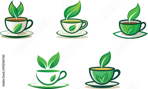 set of green tea cups with leaf logo vector illustration