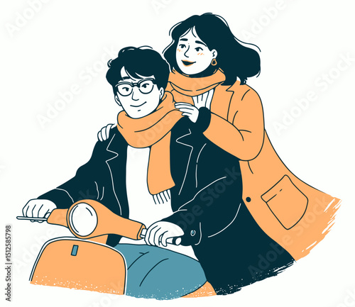 Smiling couple riding scooter in winter scarves, vector illustration