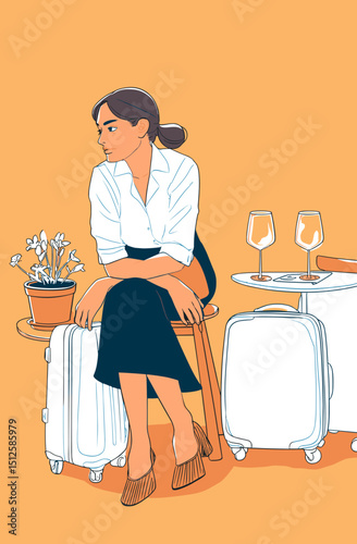  Contemplation and Travel: A woman, with a touch of elegance, sits beside her luggage, gazing thoughtfully, ready for her journey. This illustrated piece suggests a moment of introspection.