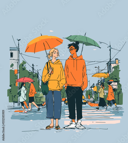 Rainy Day Romance: Illustration of a couple with umbrella in the rain, walking in the city, conveying feelings of love and intimacy.
