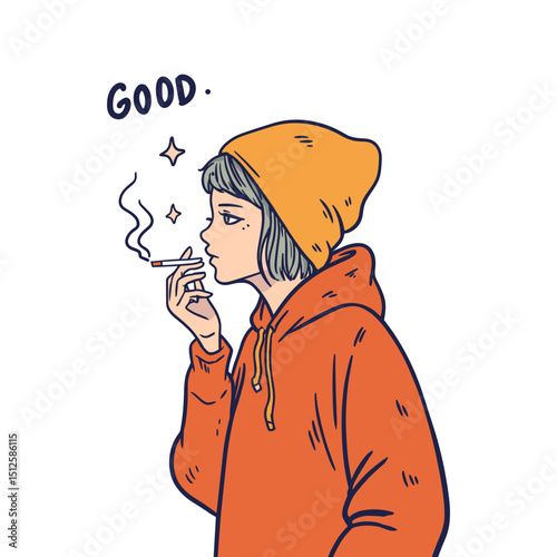 Good Vibes Smoking : An illustrated image of a person puffing a cigarette with the word good on it.