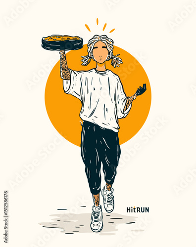 Pizza Delivery Run: A whimsical illustration of a person running with a pizza in hand, radiating energy and excitement as they sprint forward.