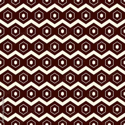 Zigzag seamless pattern. Hexagon mosaic tiles ornament. Ethnic surface print. Repeated geometric figures background. Ornamental wallpaper. Modern geo design digital paper. Vector abstract art