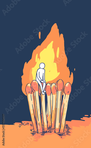 Burning from Within: a figure sits atop a collection of lit matches. Flames surround the figure. This creative illustration embodies isolation.