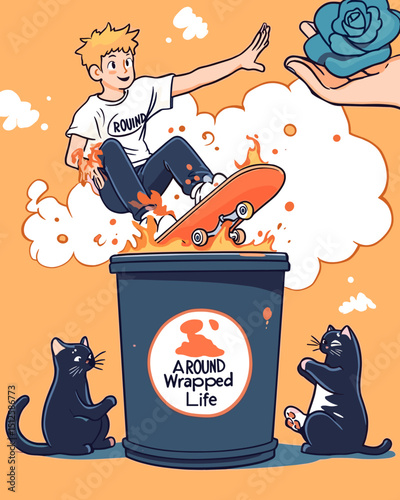Whimsical Skateboarding: A stylish cartoon depiction of a young male figure executing an effortless skateboarding trick, with vibrant colors that pops against the playful background