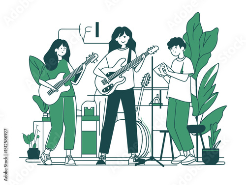Rock Band in Harmony: A dynamic illustration capturing the essence of a rock band in full swing, with band members lost in the passion of their music. The musicians are immersed in their instruments.