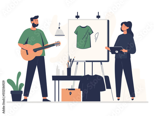 Creative Collaboration: Artistic partners team up, one strumming a guitar and the other sketching, harmonizing artistry and innovation with a modern aesthetic.