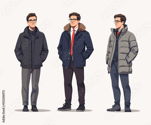 Modern Fashion: A stylish series showcasing three distinct winter fashion ensembles for men. Each look, thoughtfully curated, offers versatility and warmth for the colder season.