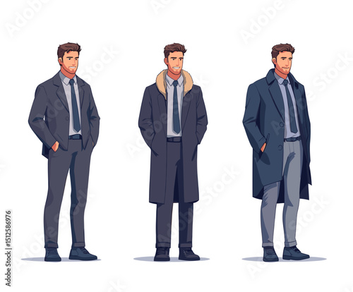 Style Variations of a Man in Professional attire: Featuring a collection of illustrations showcasing a man elegantly styled in various coats, offering a diverse range of professional wear aesthetics.