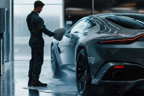 Wallpaper Mural Car wash employee cleans modern vehicle thoroughly at service center Torontodigital.ca