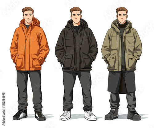 Stylish Ensemble: A fashionable illustration showcasing three distinct outfit combinations designed for the colder months, each look exudes modern elegance and practicality.