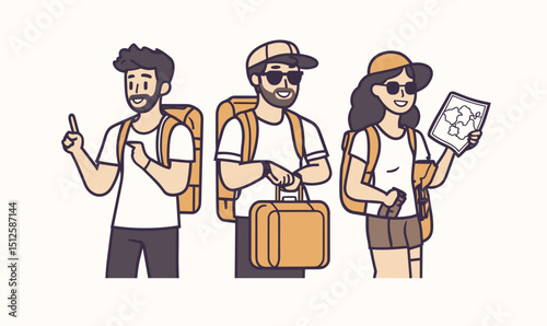 Adventurous Trio: A group of travelers stands ready for an exciting journey. Each person embodies a sense of adventure and excitement, poised to explore the world's wonders together.