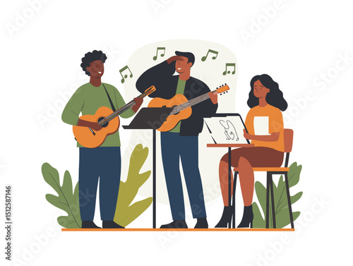 Harmonious Strings: Three musicians unite, their guitars weaving a melodic tapestry, as musical notes dance around them. A scene of artistic passion and creative expression.