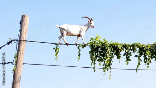 Goat walking power lines vines blue sky