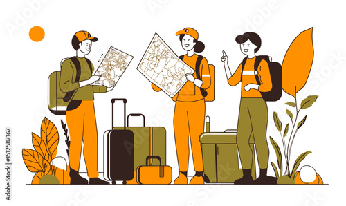 Travel Planning:Three young adventurers are excitedly checking a map, preparing for an upcoming journey, surrounded by their luggage.