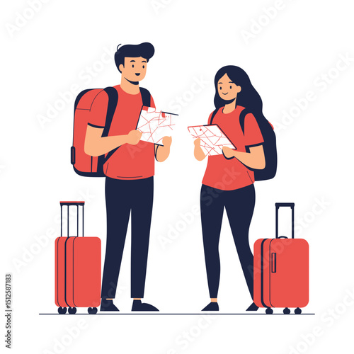 Traveling Couple Navigating Their Journey: A couple is engaged in a moment of shared discovery as they navigate their travels together. Holding detailed maps.