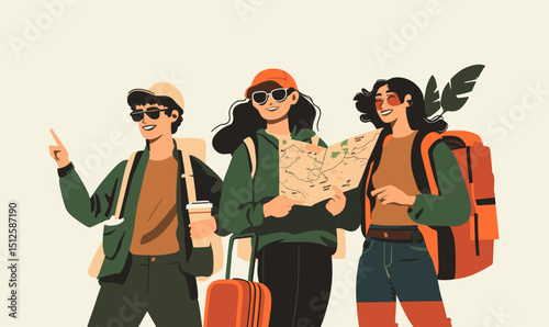 Adventure Trio's Journey: A dynamic trio of travelers, armed with maps and backpacks, embarks on an adventure, their excitement palpable as they explore the unknown together.