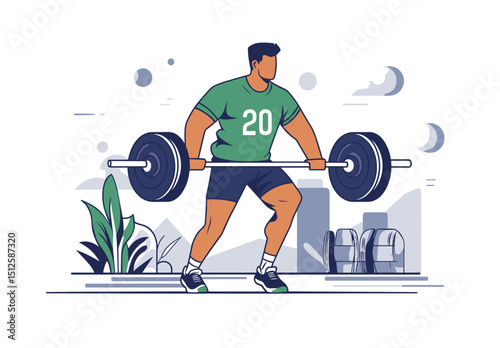 Man Lifting Barbell in Illustration: A muscular man, illustrated in a modern style, powerfully lifts a barbell, embodying strength and determination in a stylized fitness scene.