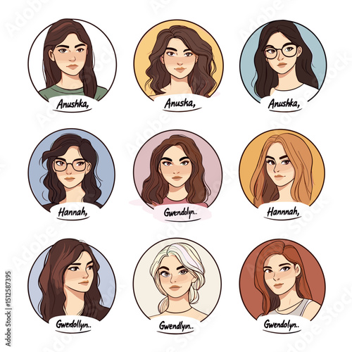 Diverse Women's Portraits: A collection of illustrated portraits of diverse women, each showcasing unique features and hairstyles within circular frames.