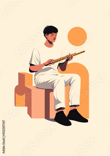 Musical Reverie: A serene figure, lost in the world of music, sits with a flute in hand, the scene bathed in a soft, inviting light, and composed within a minimalist artistic style.