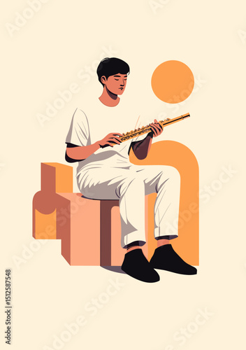 Harmonious Melodies: A serene figure is captured in an illustration, absorbed in the art of playing a flute with a minimalist yet colorful design.
