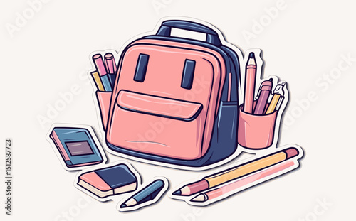 School Essentials: A collection of meticulously drawn, school-themed accessories. Featuring a sturdy backpack, vibrant pencils, sleek pens, and more, all set against a simple background.