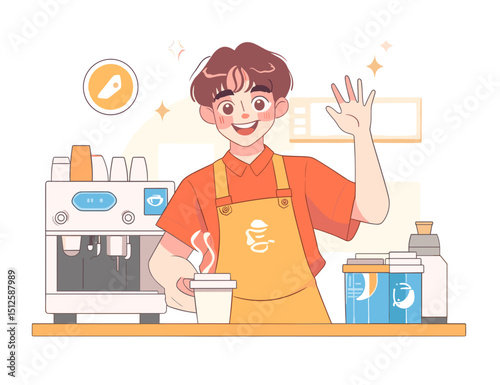 Animated Cafe Encounter: A friendly barista, radiating warmth in a vibrant cafe setting, cheerfully greets, accompanied by essential tools of the trade, like a coffee machine and takeaway cups.