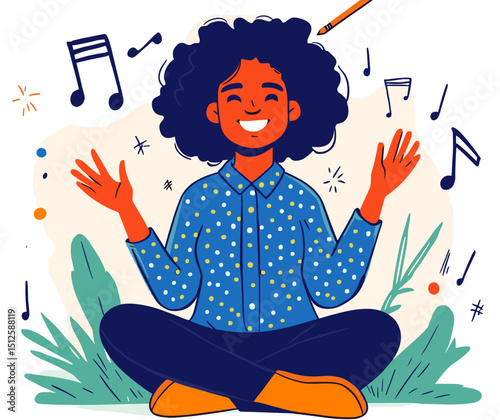 Harmony of Creation: A joyous composer finds inspiration, surrounded by musical notes in a creative ambiance.