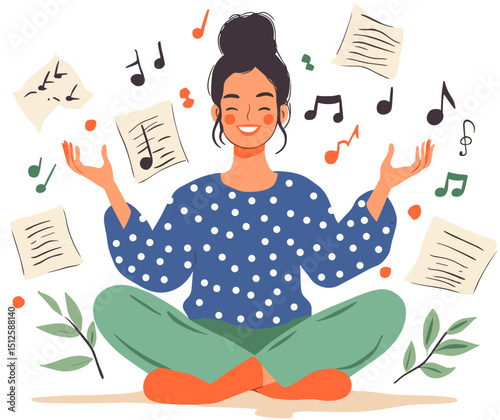 Harmony in Melodies: A serene woman meditates, surrounded by musical notes and sheet music, embodying the creative and therapeutic power of music.