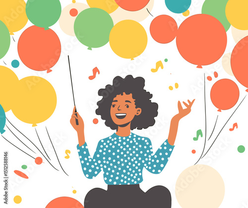 Cheerful Conductor: A cheerful figure in an animated scene directs colorful floating balloons. The vibrant scene portrays joy and celebration. 
