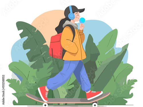 Skateboarder's Sweet Moment: A youthful skateboarder enjoys a popsicle on a sunny day in a verdant park. A lighthearted, refreshing moment of summer bliss captured in a fun, illustrative style.