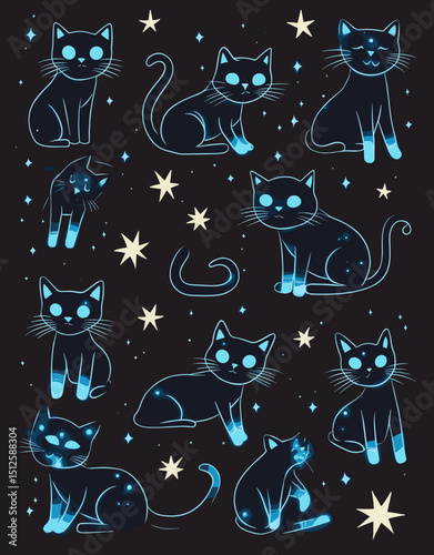 Celestial Cats: A whimsical illustration of several cats and celestial elements, combining mystery, fantasy, and charm. 