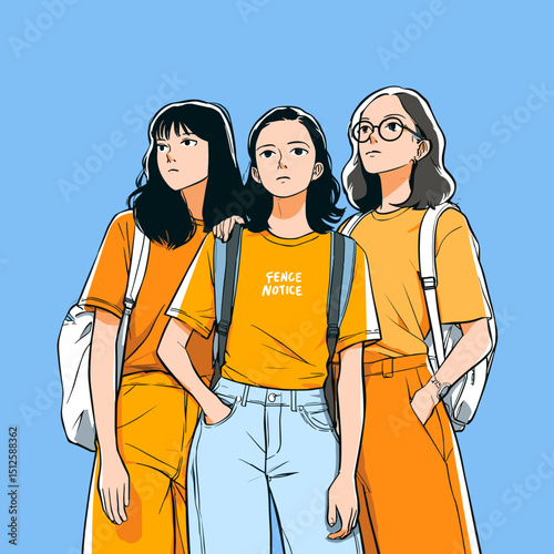 Artistic Harmony of Unity: A trio of stylish young women, shoulder-to-shoulder, dressed in vibrant orange hues against a backdrop of serene blue, embodying a bond of friendship and solidarity.