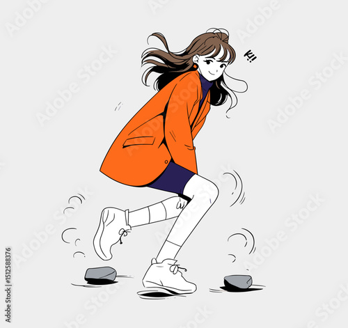 Energetic Girl Jumping: A stylish girl with long brown hair, wearing an orange jacket and white sneakers, joyfully leaps over small rocks, radiating energy and a carefree spirit.