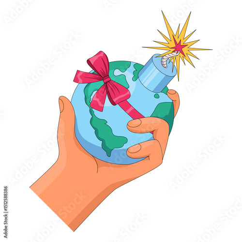 Hand holding world bomb illustration