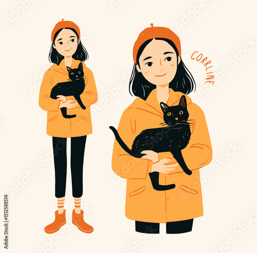 Girl and Her Black Cat: A heartwarming illustration captures a girl tenderly cradling her sleek black cat, celebrating the bond of friendship and companionship.