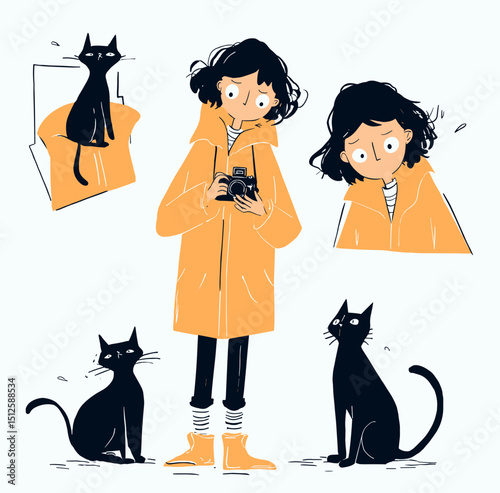 Girl with Camera and Black Cats: A charming illustration of a girl with a camera, surrounded by two adorable black cats. The artwork features a simplistic yet expressive style.
