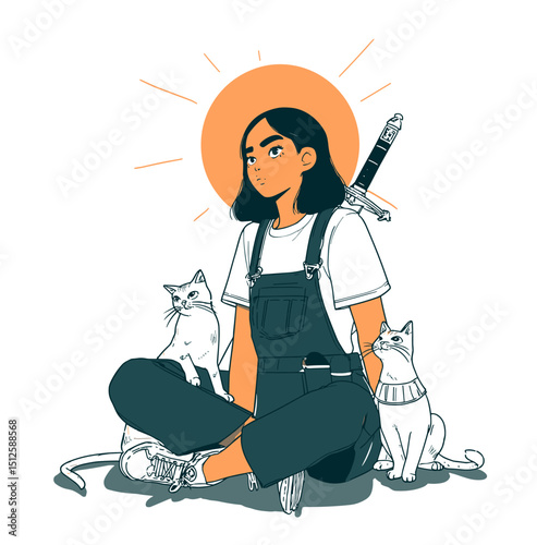 Warrior and her Cats: A brave figure, sword in tow, finds solace alongside her feline companions, basking in the sun's embrace, their presence a testament to strength and companionship.