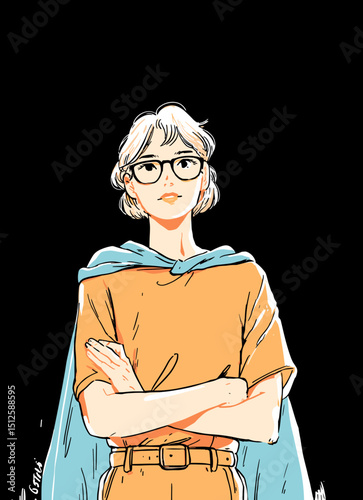 Determined Woman Portrait: Confident woman with eyeglasses and a cape, arms crossed, posing with strength, showcasing ambition and determination in her gaze.