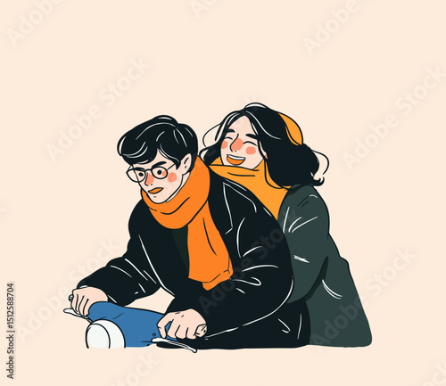 Couple Ride in Love: A cartoon couple wearing winter cloths ride scooter with love and joy in illustration art design, showcasing their fun and youthful energy.